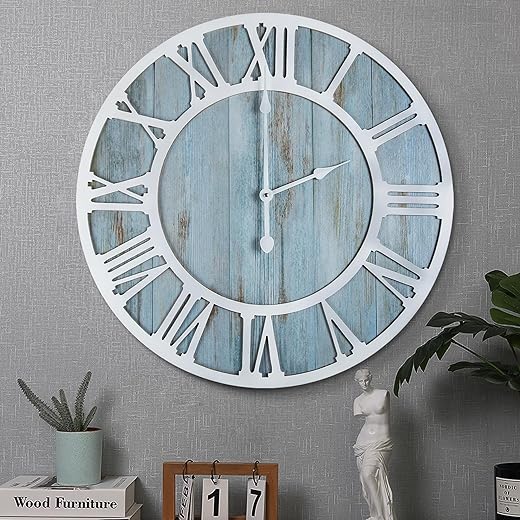 1st owned Wall Clock for Home Decor - 24 Inch Blue Wood Wall Clocks Battery Operated Nearly Silent Little Ticking Simple Minimalist Roman Numbers Clock Decorative for Bedrrom