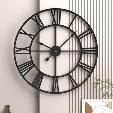 20” Mute Retro Wall Clock, Roman Numerals Art Creative Clock Vintage Silent Metal Clock Industrial Gear Clock (Black)