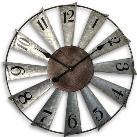 24 Large Farmhouse Decor Wall Clocks Metal Windmill Time Piece Galvanized Silver Analog