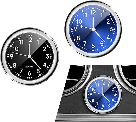 2 PCS Mini Luminous Car Clock, 1.5In Metal Round Vehicle Decorative Clock for Dashboard, Universal Waterproof Automotive Watch Clock Accessories for Home Boat Truck SUV Car (Black & Blue)