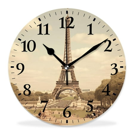 12 Inch Wall Clock Battery Operated Silent Clock Decorative for Office, Kitchen, Outdoor, Living Room，Eiffel Tower in Paris France Vintage Old Retro Style Lovely