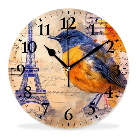 14 Inch Wall Clock Battery Operated Silent Clock Decorative for Office, Kitchen, Outdoor, Living Room，Retro Vintage Paris Eiffel Tower Bird on Purple Flower Beautiful