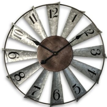 24 Large Farmhouse Decor Wall Clocks Metal Windmill Time Piece Galvanized Silver Analog