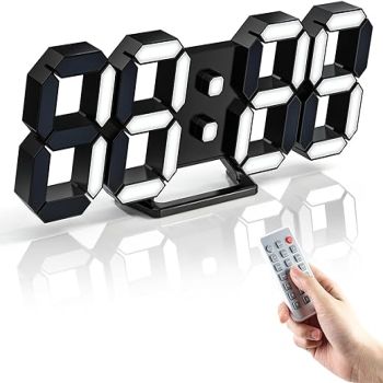 3D LED Digital Clock 9.7 Desk Alarm Clock Wall Clock, 12/24H, Date, Temp, Auto Dimmer, Remote Control, Nightlight Decor Gift Clock for Bedroom/Office/Bedroom/Kitchen/School/Gym Black