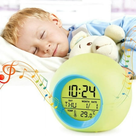 7 Colors Changing Wake Up Alarm Clock Multiple Nature Sounds with Indoor Temperature Display and Snooze Function for Kids Students Heavy Sleepers