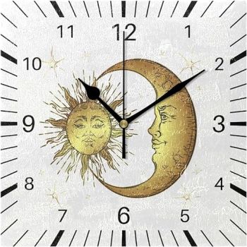 8 Inch Decorative Art Wall Clock Boho Style Sun Moon Stars Square Numeral Clock Silent Non Ticking for Home Office