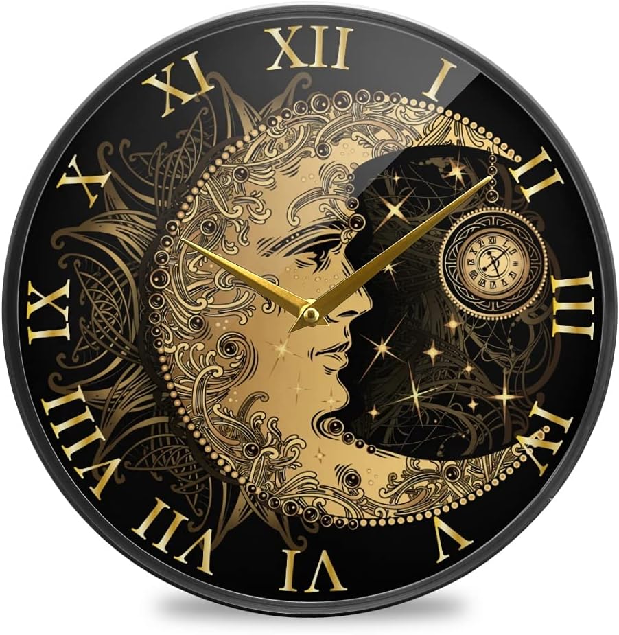 ALAZA Boho Crescent Moon Sun Mandala Wall Clock Battery Operated Silent Non Ticking Clocks for Living Room Decor 12 Inch / 9.5 Inch