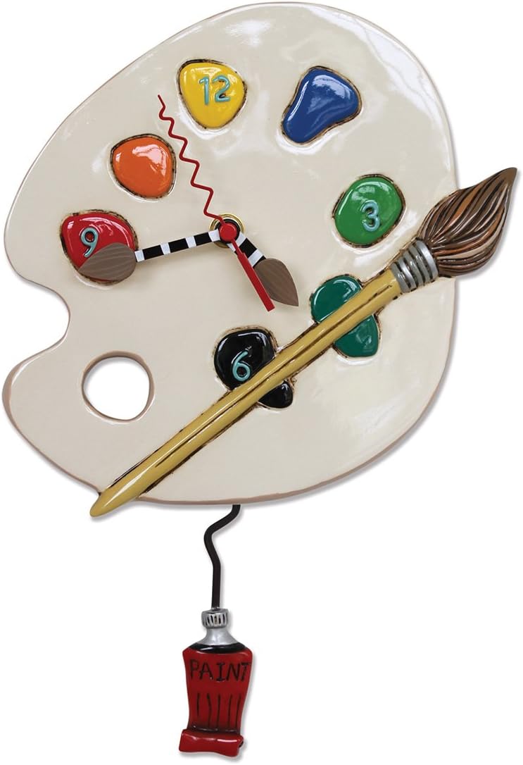 Allen Designs Art Time Whimsical Artist Palette Pendulum Wall Clock ,13x8.5 inches ,White, Red