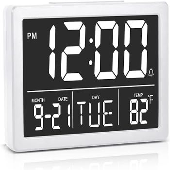 Amgico Digital Alarm Clock with Snooze, Small Clock/Table Clock, 6.3 LED Digital Calendar, 12/24H, Adjustable Brightness/Volume, Desk Clock for Bedroom, Living Room, Office - White