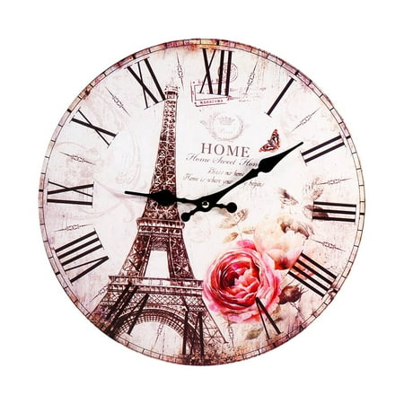 Antique Style Vintage Paris Eiffel Tower Round Wood Wall Clock Kitchen Home Decoration