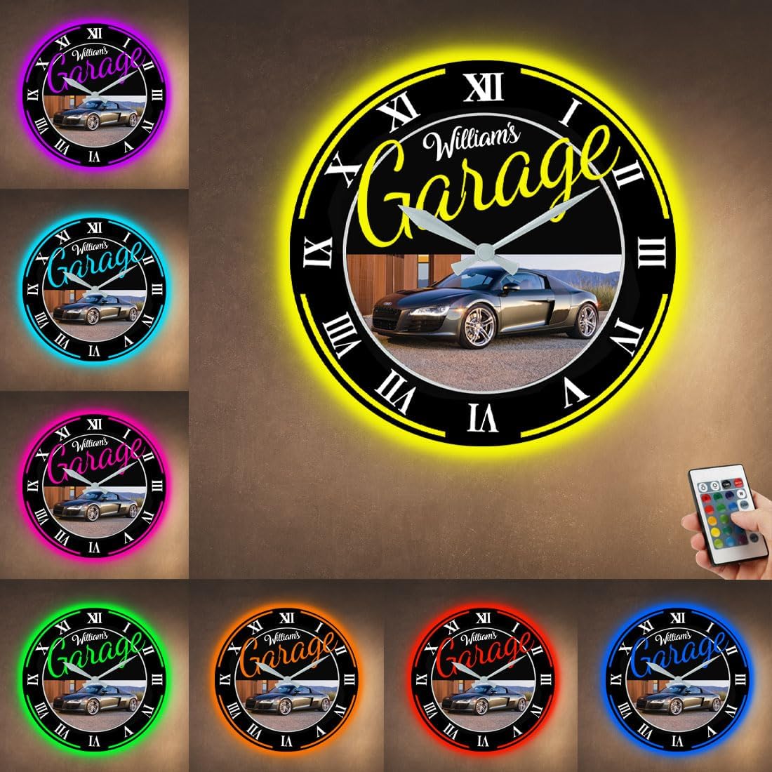 Attention Personalized Photo Car Wall Clock Light, Custom Name Garage Wall Clock Light, Garage Wall Clock with LED Light for Decor, Wooden Car Clock for Wall Neon, Gifts for Car Lover