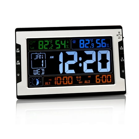 Auto Set Digital Clock with Backlight, Large Display Atomic Clock with Indoor/Outdoor Temperature and Humidity, Digital Dual Alarm Wall Clock for Home, Office, Bedroom, Elderly, Auto DST