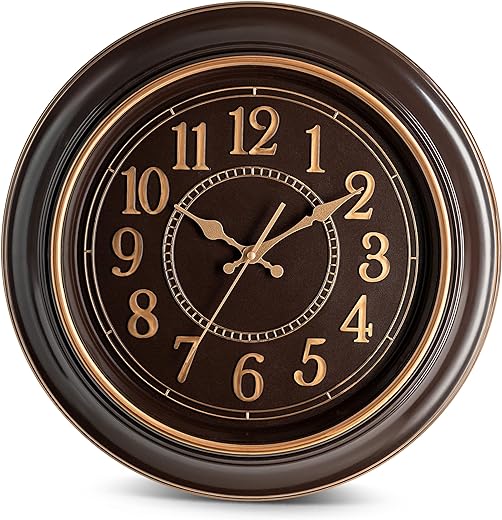 Bernhard Products Large Wall Clock 18 Inch Quality Quartz Silent Non Ticking, Battery Operated for Home/Living Room/Over Fireplace, Beautiful Decorative Stylish Clock, Deep Brown & Copper Numbers