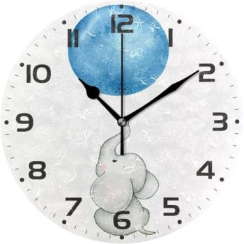 Bestwell Cute Baby Elephant and Blue Balloon Wall Clock 10 Inch Silent Non Ticking Round Clock Oil Painting Clock Easy to Read Clock for Living Room Bedroom Bathroom Home Wall Decor Gift