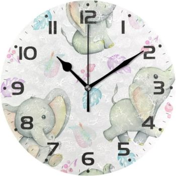 Bestwell Cute Baby Elephants Wall Clock 10 Inch Silent Non Ticking Round Clock Oil Painting Clock Easy to Read Clock for Living Room Bedroom Bathroom Home Wall Decor Gift