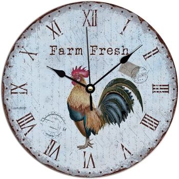 Blue French Farm Fresh Rooster PVC Clock Farm Crowing Rooster Hen Wall Clock Battery Operated Silent Hanging Wall Clock Rustic Farmhouse Art Clocks for Dinning Living Room 12x12in