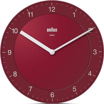 Braun Classic Analogue Wall Clock with Quiet Quartz Movement, Easy to Read, 20cm Diameter in Red, Model BC06R.