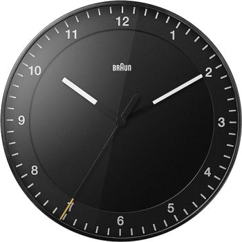 Braun Classic Large Analogue Wall Clock with Silent Sweep Movement, Easy to Read, 30cm Diameter in Black, Model BC17B.