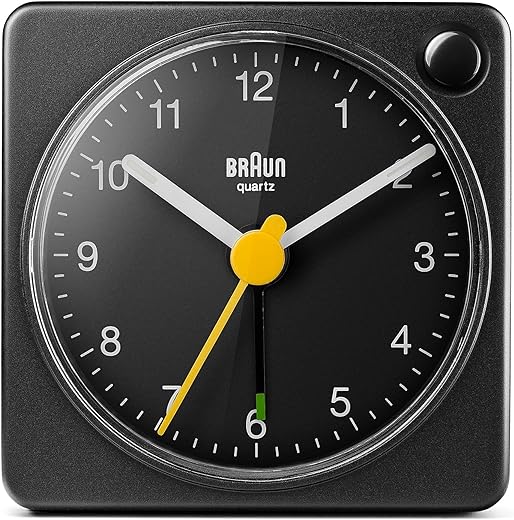 Braun Classic Travel Analogue Clock with Snooze and Light, Compact Size, Quiet Quartz Movement, Crescendo Beep Alarm in Black, Model BC02XB, One