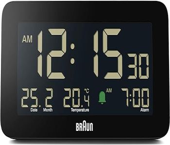 Braun Digital Alarm Clock with Date, Month and Temperature Displayed, Negative LCD Display, Quick Set, Crescendo Beep Alarm in Black, Model BC10B (1-Pack)