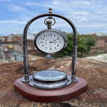 Clock with Compass Engraved Personalized Antique Desk Clock - Table Watch - Desktop Clock. (Black Finish Wooden Base)