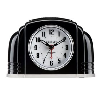 Crosley Black Vintage Art Deco Analog QA Desk or Bedside Alarm Clock, Non-Ticking with Backlight