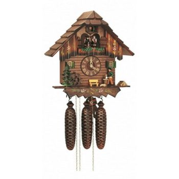 Cuckoo Clock Black Forest house with moving wood chopper and mill wheel