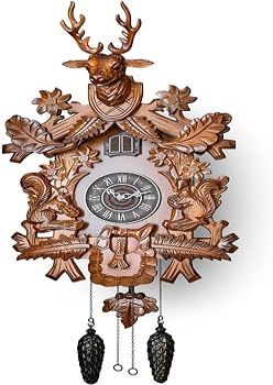 Cuckoo Clock with Automatic Night Mode, Hand Carved Deer Head and Wooden Decorations (Brown)