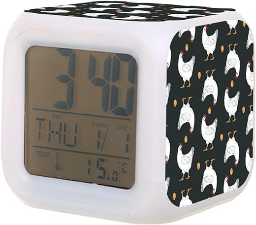 Digital Alarm Clock,Fun Rooster,Chickens 7 Color Change LED Digital Alarm Clock with Date Thermometer for Toddlers,Girls and Boys