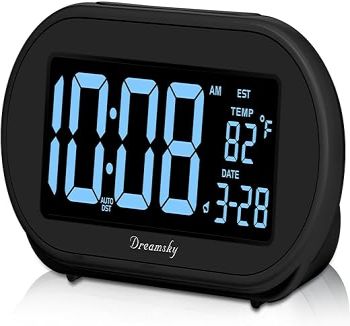 DreamSky Alarm Clocks for Bedrooms, Auto Set Digital Desk Clock for Bedside Nightstand, Electric Clock with Dimmable Brightness Dimmer, Auto DST, USB Port, Date, Temperature, Snooze