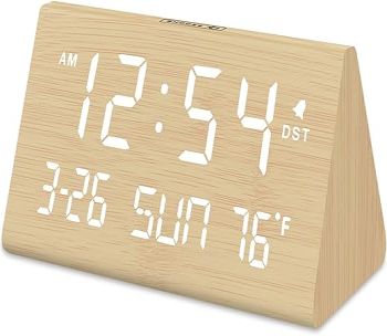 DreamSky Digital Alarm Clocks for Bedrooms - Wooden Desk Clock with Date, Day of Week, USB Port, Temperature, Dimmer for Bedside Table, Living Room, Office, Adjustable Volume, Auto DST, Wood Decor