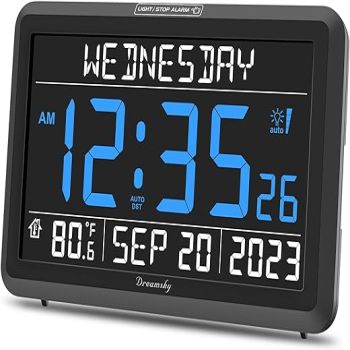 DreamSky Digital Clock with Date and Day of Week - Large Display Calendar Clock for Seniors Elderly, Loud Alarm Clock for Bedroom Desk, Adjustable Backlight Volume, USB Port, Auto DST, Battery Backup