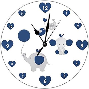 Elephant Navy Blue Gray Baby Boy Nursery Funny Wall Clock 10x10 inch Silent Non-Ticking PVC Clock Battery Operated Bedroom Living Room Home Wall Hanging Decor Art