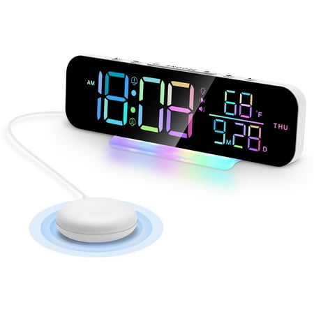 Extra Loud Vibrating Alarm Clock With Bed Shaker,Large Led Digital Display,Multiple RGB Colors,Dimmable Volume Adjustable,Dual Alarms,For Deep Sleepers Adult And Hearing Impaired Deaf Seniors