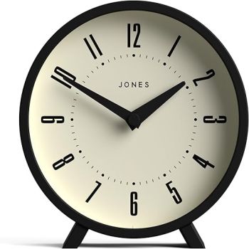 JONES CLOCKS® 'Venus' Desk Clock - Modern Round Design in Black, Stylish Retro Look for Shelf, Table, Mantel or Bedside