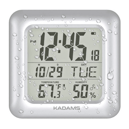 Kadams Digital Wall Bathroom Clock (Large,Silver) - Waterproof Shockproof LCD, Sturdy Suction Cup, Temperature & Humidity Sensor Timer Clock with Smart Alarm for Shower, Kitchen & More