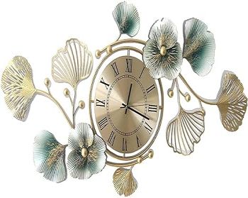 Large Wall Clock with Ginkgo Leaf, 37 Inch, Metal, Quartz Movement, Silent, Unisex