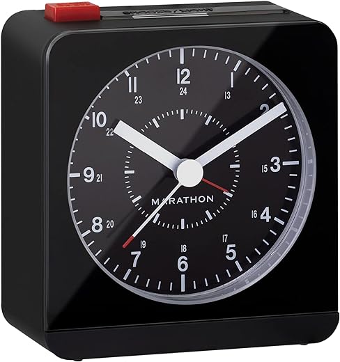 MARATHON Analog Desk Alarm Clock with Auto Night Light, Black/Black - Silent Smooth Sweep - Alarm & Snooze Functions - Two AAA Batteries Included