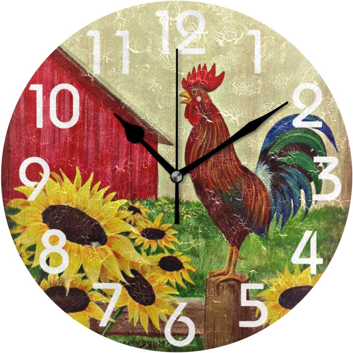 Naanle Farm Crowing Rooster Sunflowers Round Wall Clock, 9.5 Inch Battery Operated Quartz Analog Quiet Desk Clock for Home,Kitchen,Office,School,Bathroom