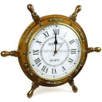 Nagina International Maritime Brass Anchor Strip Studded Beautiful Rosewood Premium Nautical Ship's Wheel Time's Clock | Great Authentic Home Decor (18 Inches)