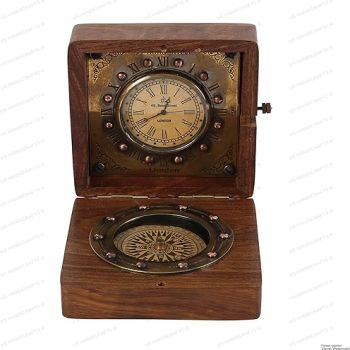 Nautical Handmade Authentic Brass Clock Compass in Rose Wood Box, Replica of Vintage Product Best Gift for Your Love one