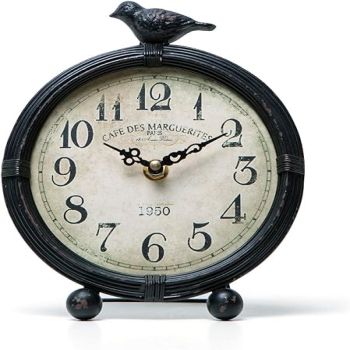 NIKKY HOME Vintage Cottage Metal Table Clock with Bird, 6.8 by 2 by 8.5 Inches, Black