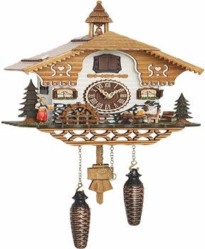 Quartz Cuckoo Clock Black Forest House with Moving Beer Drinker and Mill Wheel, with Music TU 4214 QM