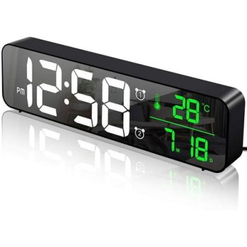 Réveil Numérique, Horloge Murale Réveil Matin LED Digital Miroir Grand Ecran avec Température Date, 2 Alarme, 40 Musique, 6 Luminosité Variable, USB Clock pour Maison Bureau, Noir