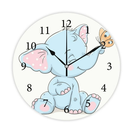 SKYSONIC Round PVC Wall Clock,Cute Baby Elephant,Wall Clock 10 Inch Silent Non Ticking Quality Quartz Battery Operated Digital Round Easy to Read for Home Office Kitchen Decorative