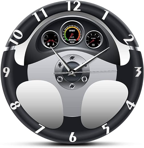 Sport Car Steering Wheel and Dashboard Printed Silent Quartz Wall Clock Automobile Artwork Home Decor Automotive Drive Auto Style Wall Watch (Style A)