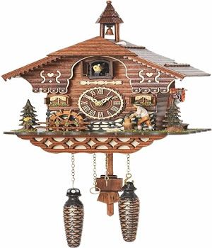 Trenkle Quartz Cuckoo Clock Black Forest House with Moving Wood Chopper and Mill Wheel, with Music TU 4217 QM