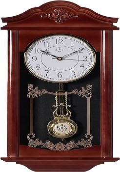 Vintage Grandfather Wood - Looking Plastic Antique Pendulum Wall Clock for Living Room Decor, Kitchen, Office, Or Dining Room, Silent Wall Mount Battery-Operated, Large Brown