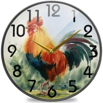 Wellsay Beautiful Farm Bird Rooster Print Round Wall Clock, 9.5 Inch Silent Battery Operated Quartz Analog Quiet Desk Clock for Home,Office,School