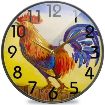 Wellsay Beautiful Rural Crowing Cock Rooster Round Wall Clock, 12 Inch Silent Battery Operated Quartz Analog Quiet Desk Clock for Home,Office,School,Coffee Shop